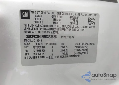 2011 Chevrolet Silverado 1500 Lt from USA, damaged, VIN 3GCPCSE03BG353888